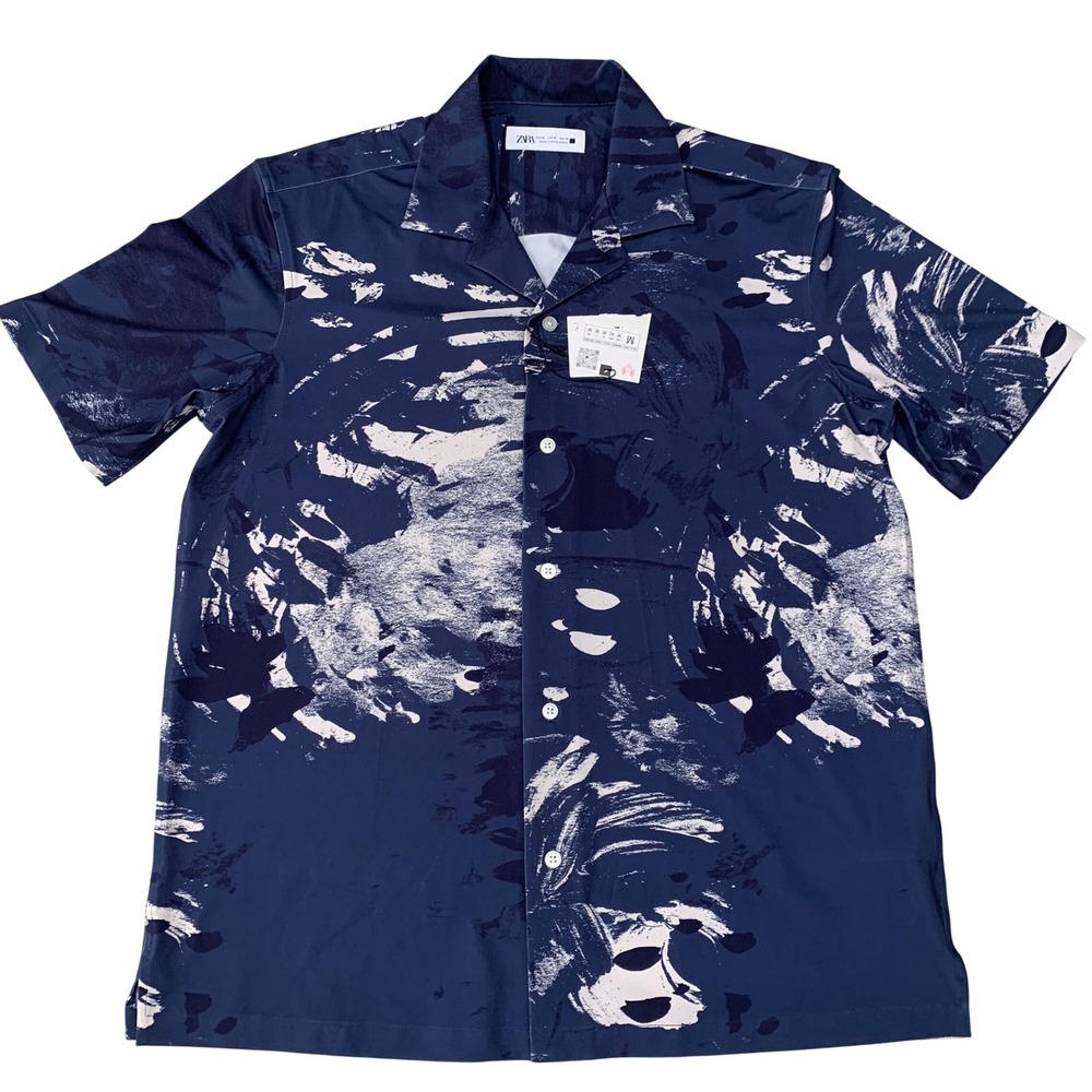 Zara Mens Abstract Brushstroke Print Shirt Navy Blue Wrinkle Free Stretch NEW